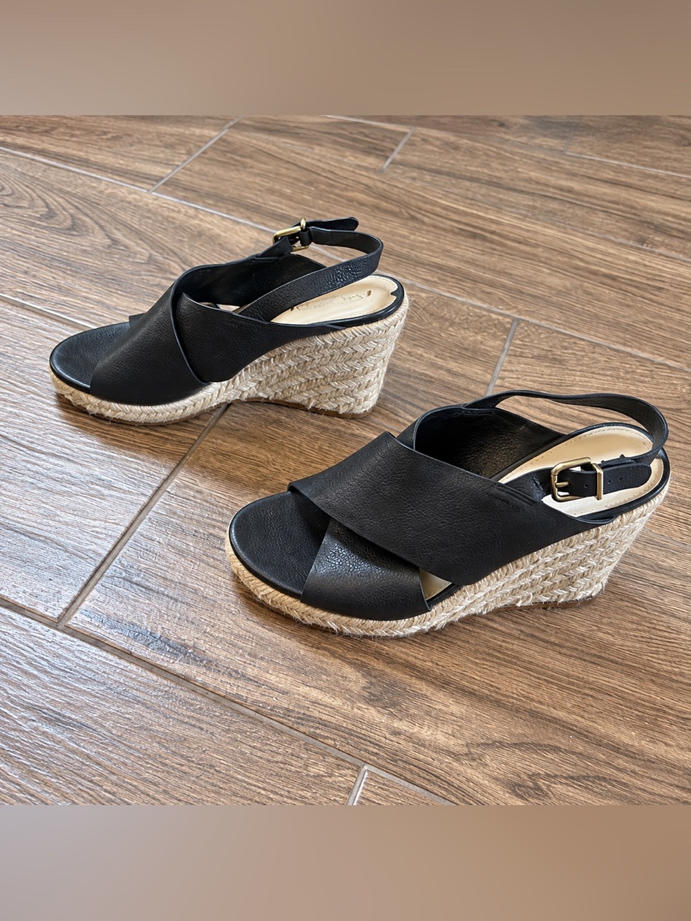 Via Spiga Leather Espadrille Wedge Sandals Black Womens 10